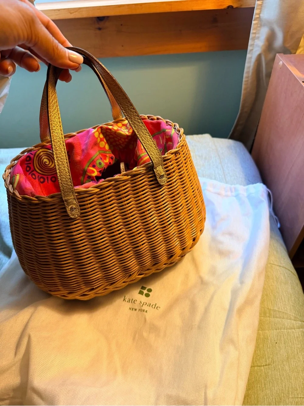VINTAGE kate spade cozumel oval basket with Pink Patterned Liner &Gold Handles